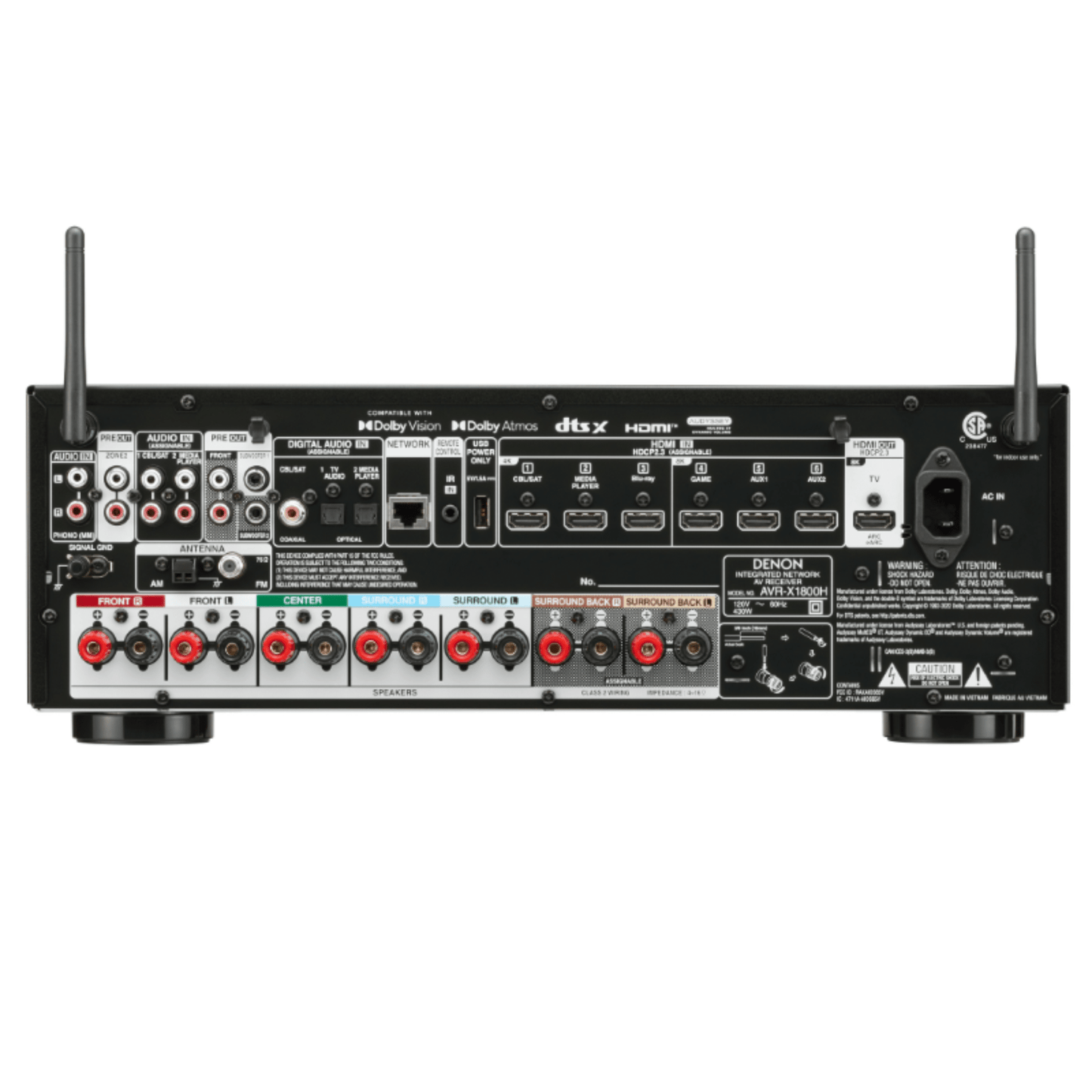 Back view of a Denon audio receiver with various ports and controls on a white background