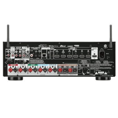 Back view of a Denon audio receiver with various ports and controls on a white background