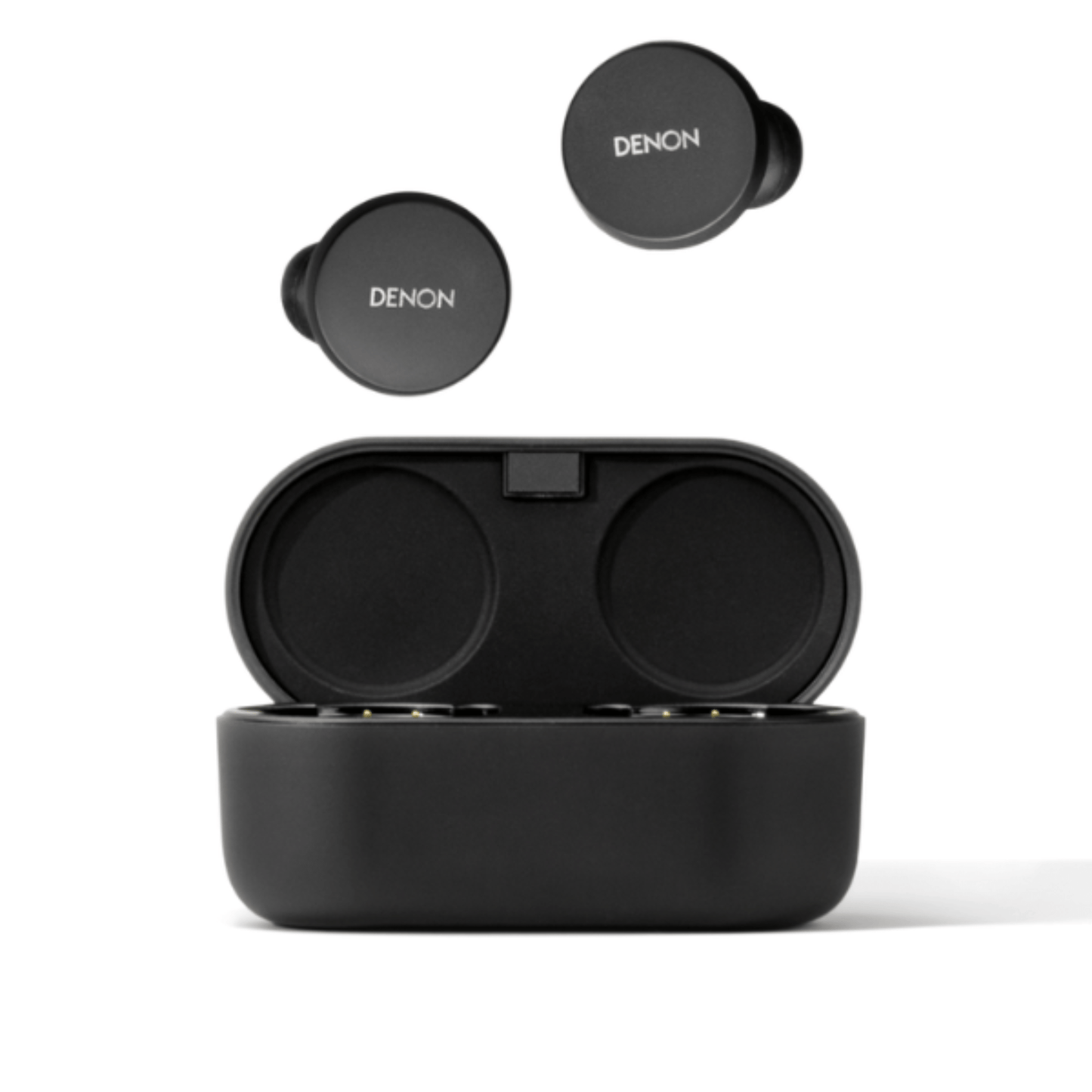 Denon perl Earbuds with case front view