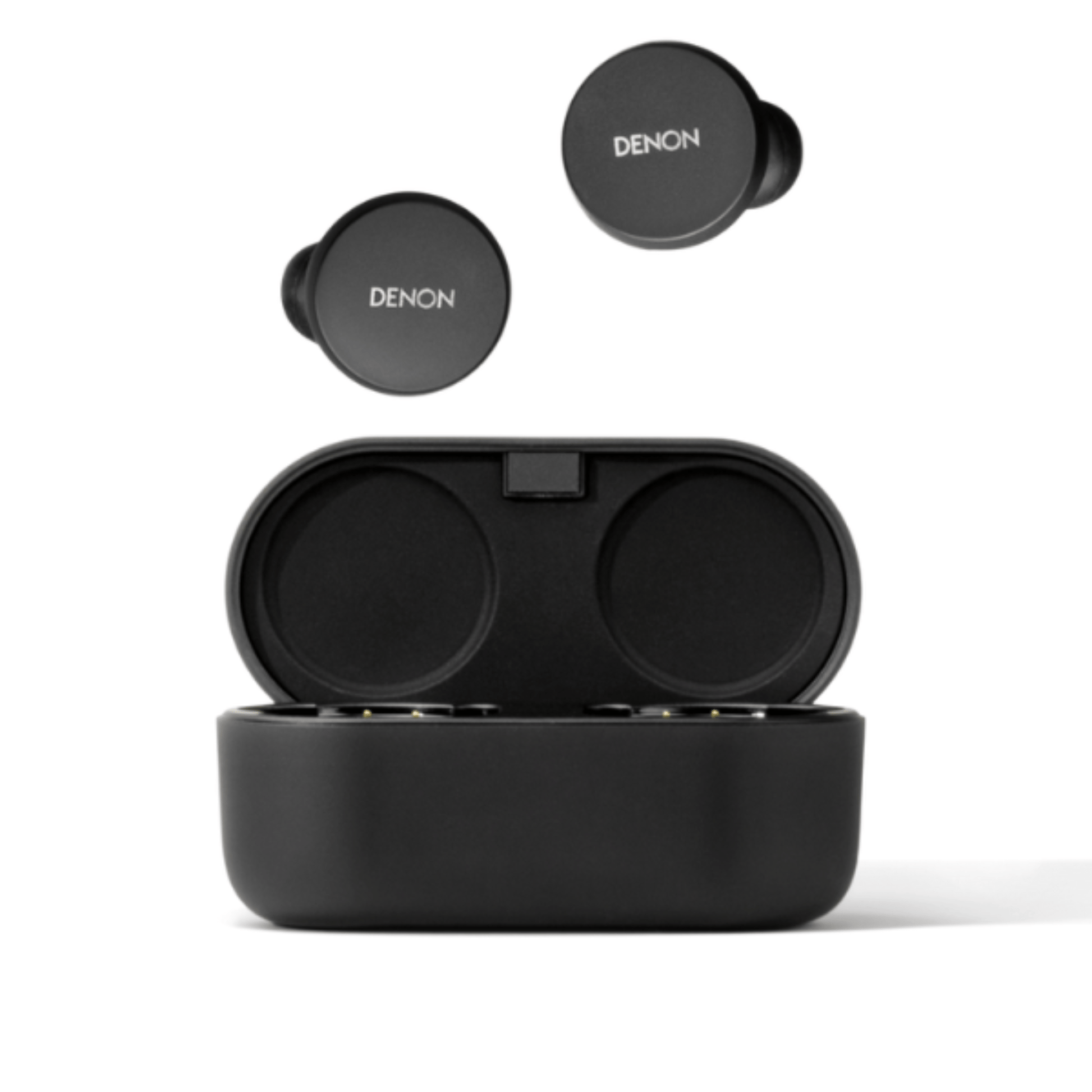 Denon perl Earbuds with case front view