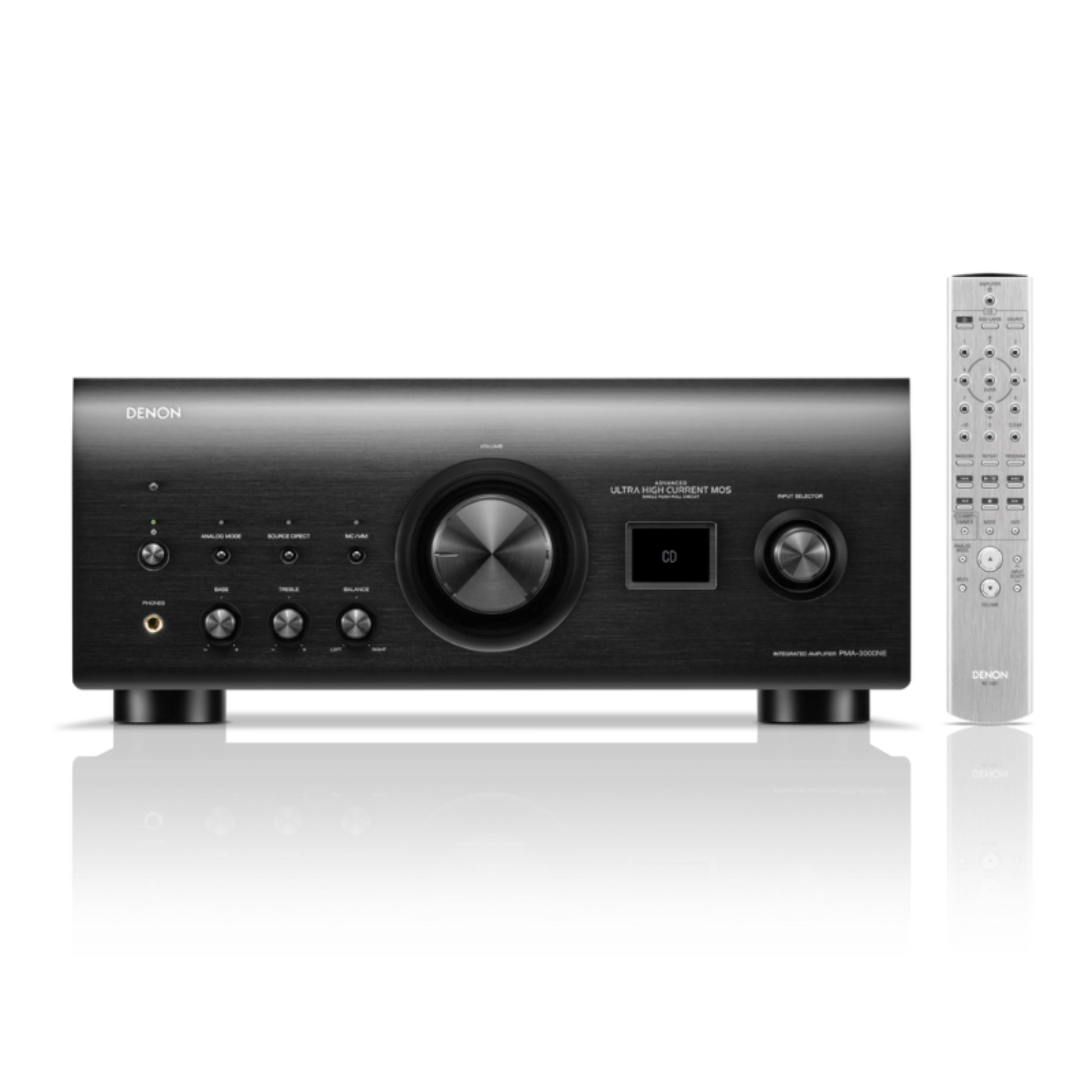 Black Denon Pma3000ne amp front view with remote