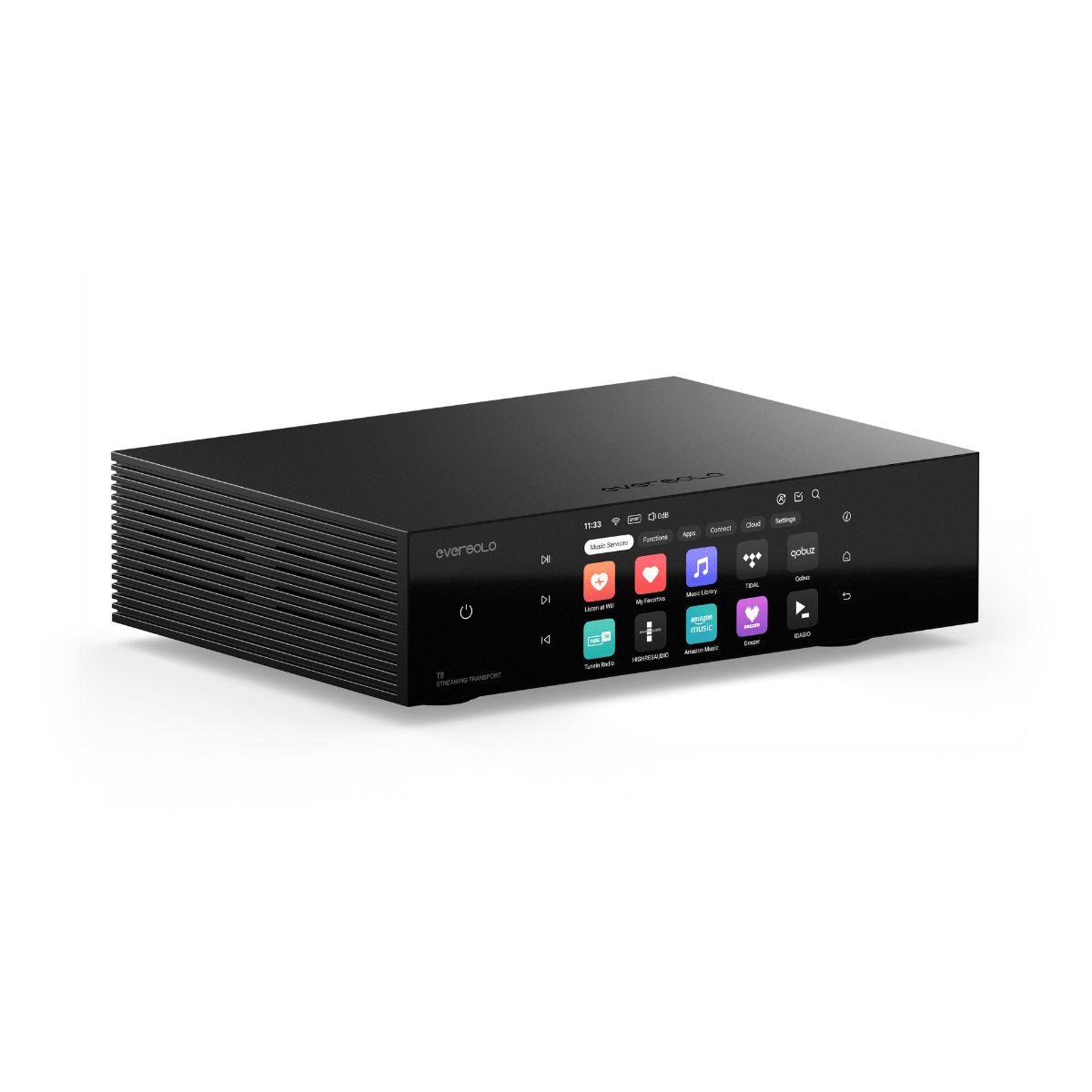 Black electronic device with a touchscreen interface on a white background