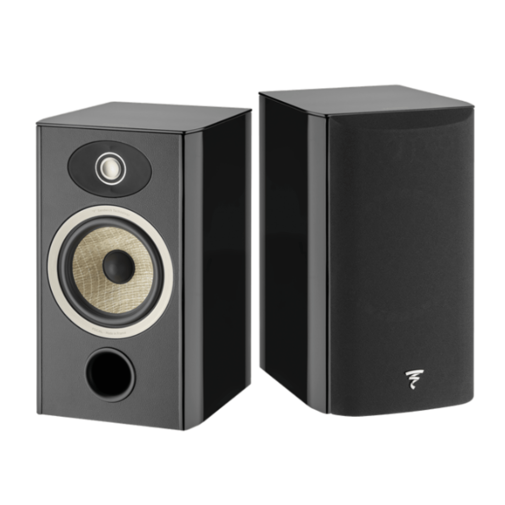 a pair of focal aria evo x n1 bookshelf speakers in black
