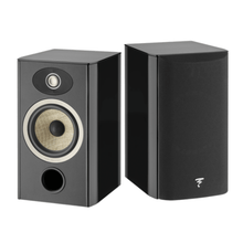 a pair of focal aria evo x n1 bookshelf speakers in black