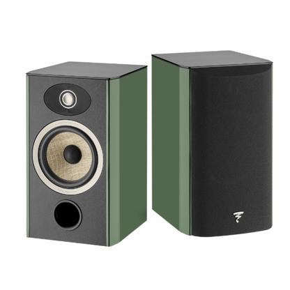 a pair of focal aria evo x n1 bookshelf speakers in green
