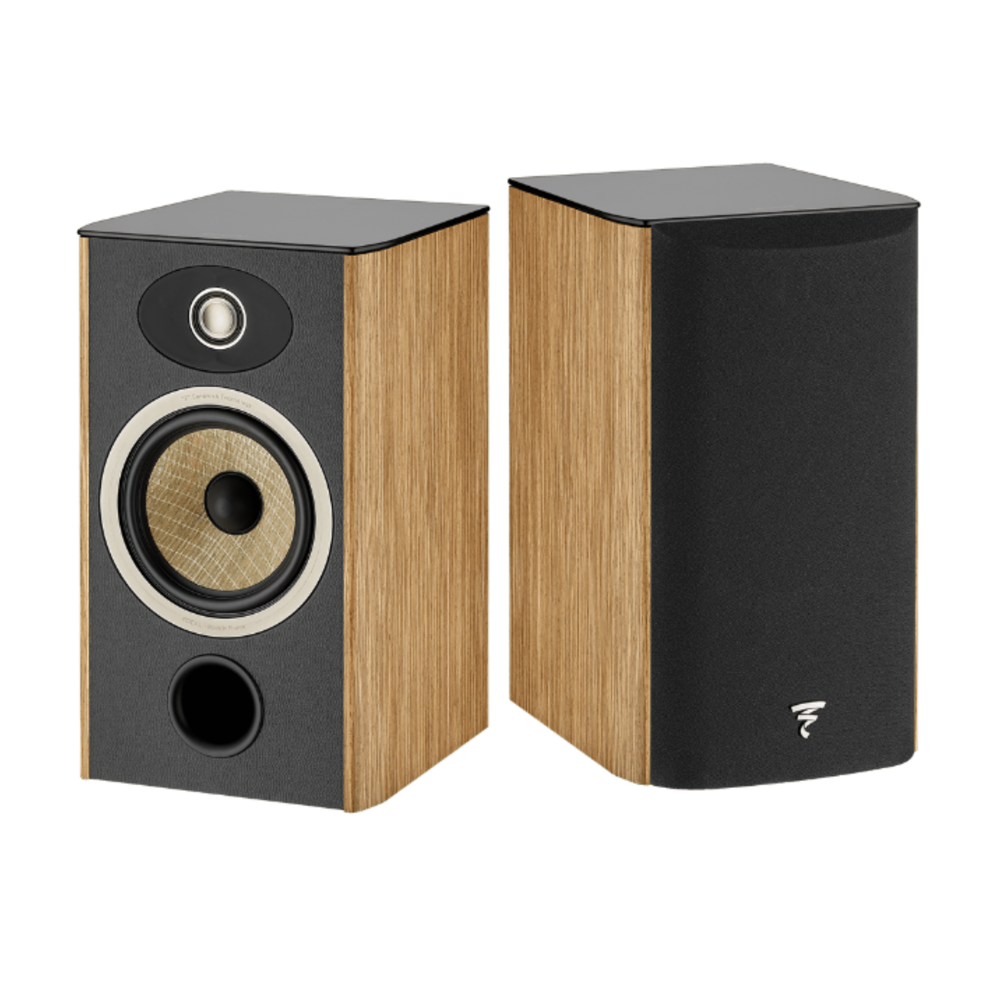 a pair of focal aria evo x n1 bookshelf speakers in walnut