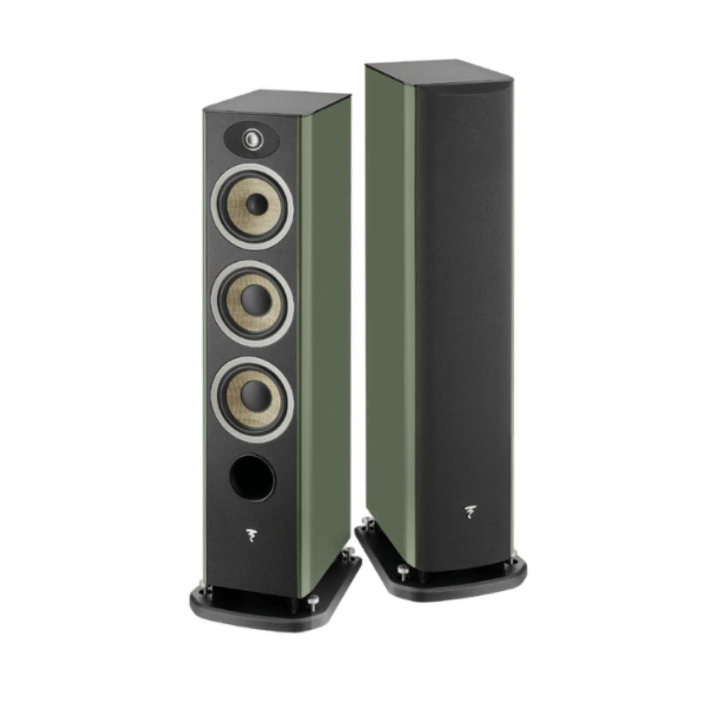 a pair of focal aria evo x n2 floorstanding speakers in green