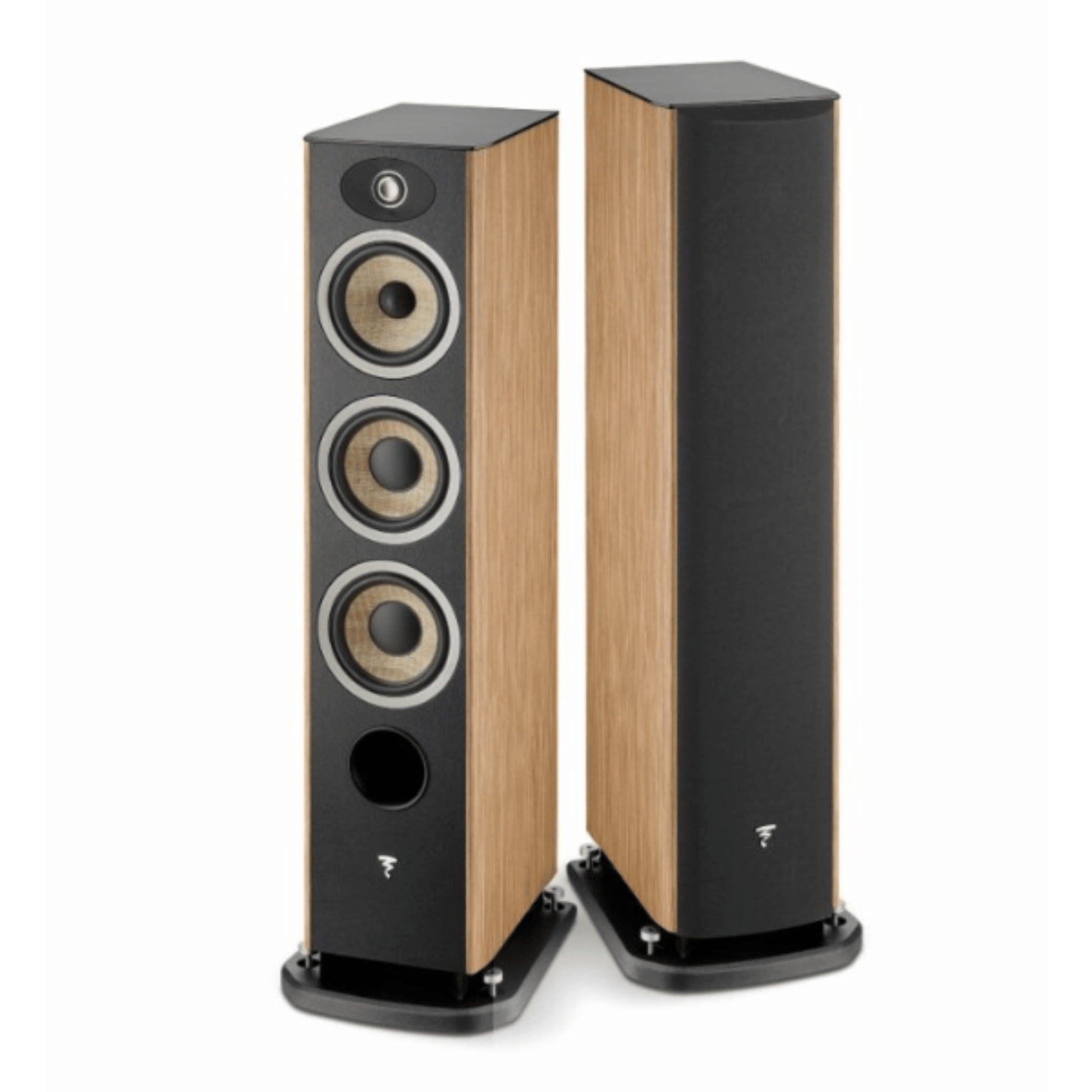a pair of focal aria evo x n2 floorstanding speakers in walnut