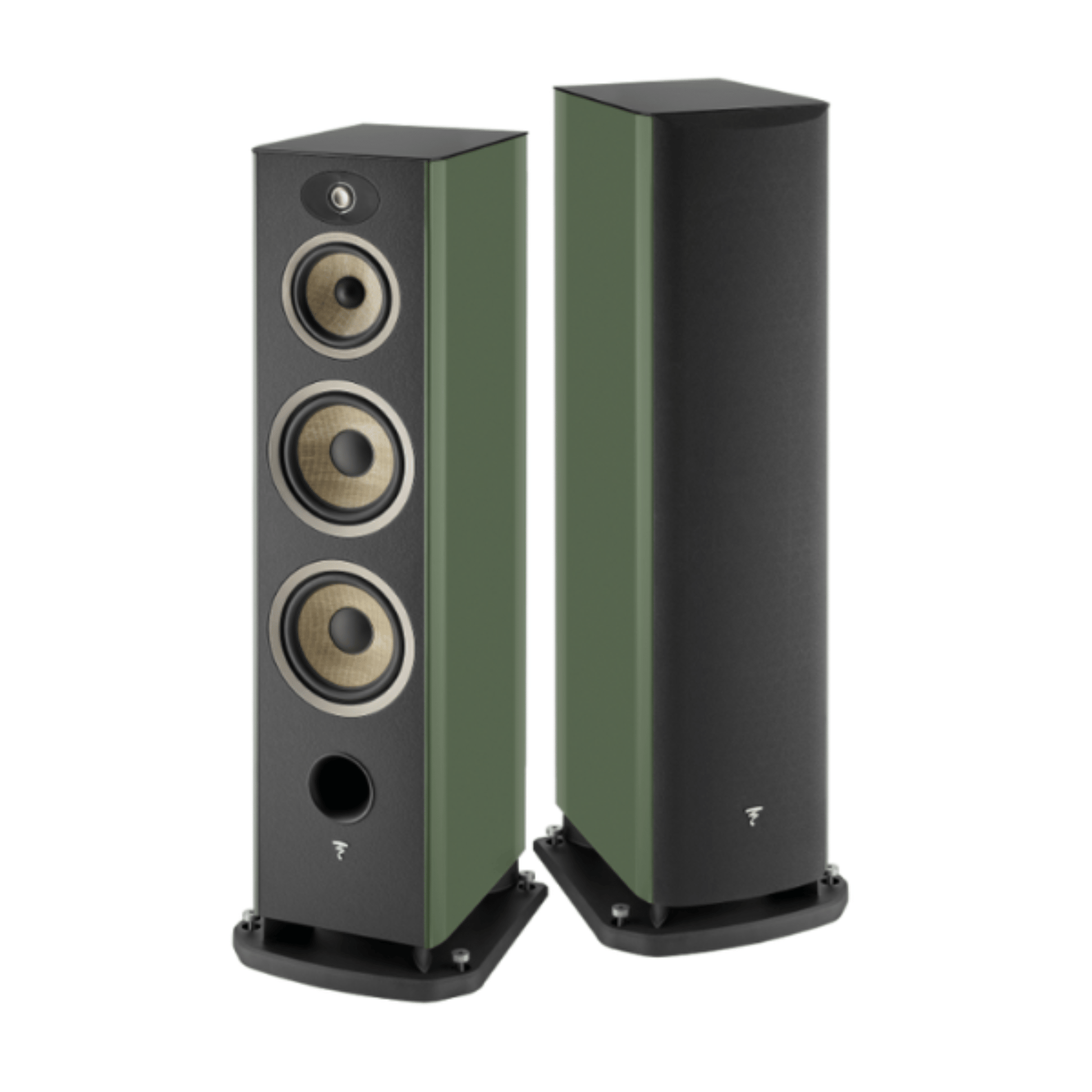 a pair of focal aria evo x n4 floorstanding speakers in green color