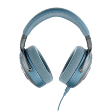 Blue headphones with a cable on a white background