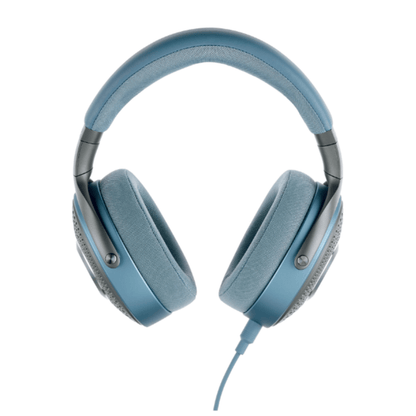 Blue headphones with a cable on a white background