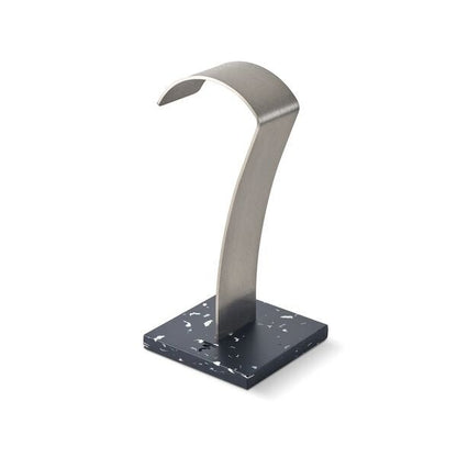 Focal High-Fidelity Headphone Stand with brushed stainless steel arch and recycled polymer base in black finish.