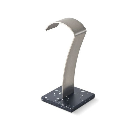 Focal High-Fidelity Headphone Stand with brushed stainless steel arch and recycled polymer base in black finish.
