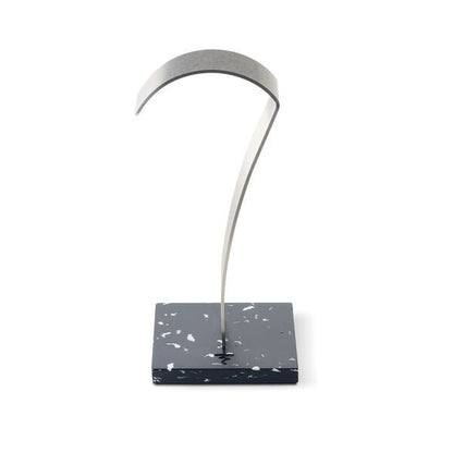 Focal High-Fidelity Headphone Stand with brushed stainless steel arch and recycled polymer base in black finish.
