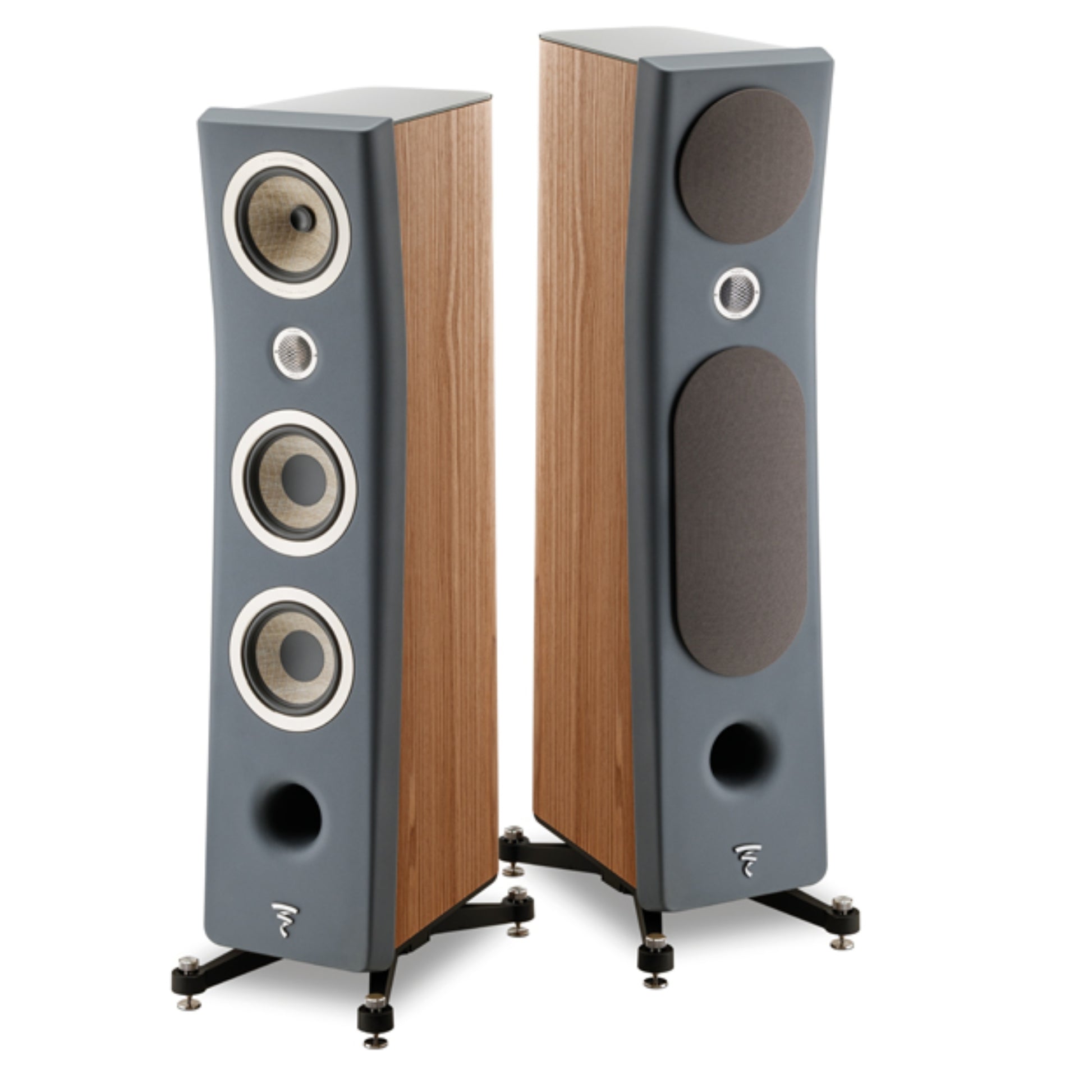 Pair of speakers with wooden and gray finish on a white background

