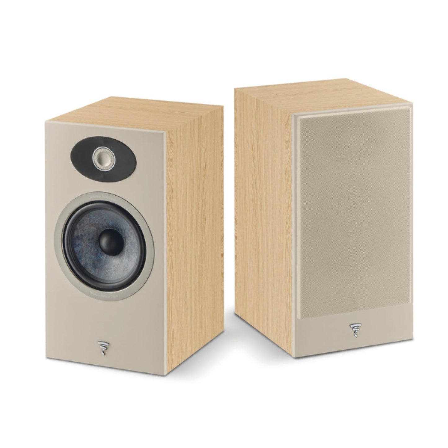 pair of focal theva n1 bookshelf speakers in light wood