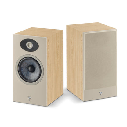 pair of focal theva n1 bookshelf speakers in light wood
