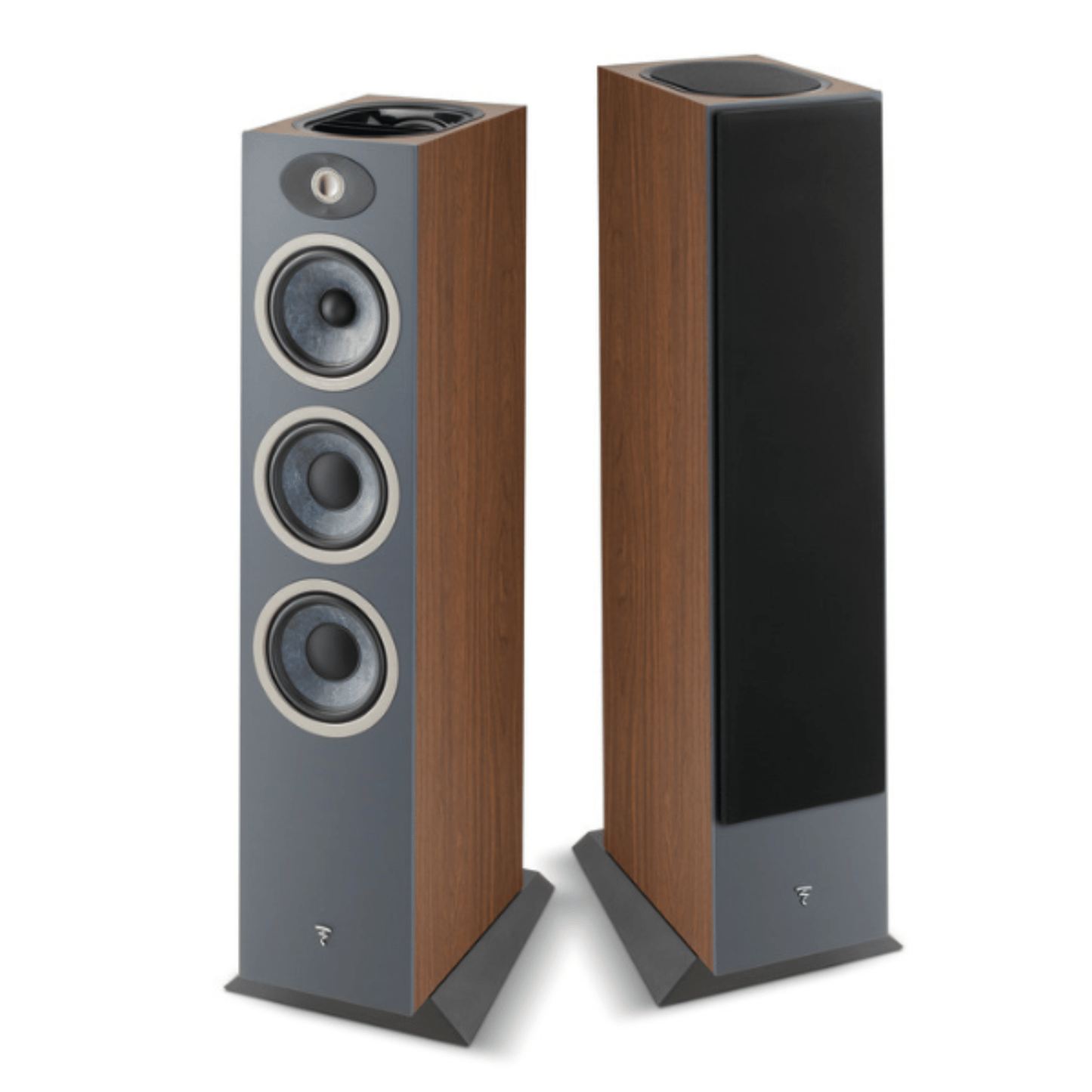 a pair of focal theva n3-d floorstanding speaker in dark wood