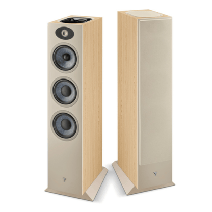 a pair of focal theva nd-3 floorstanding speaker in light wood