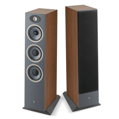 a pair of focal theva n3 tower speakers in dark wood