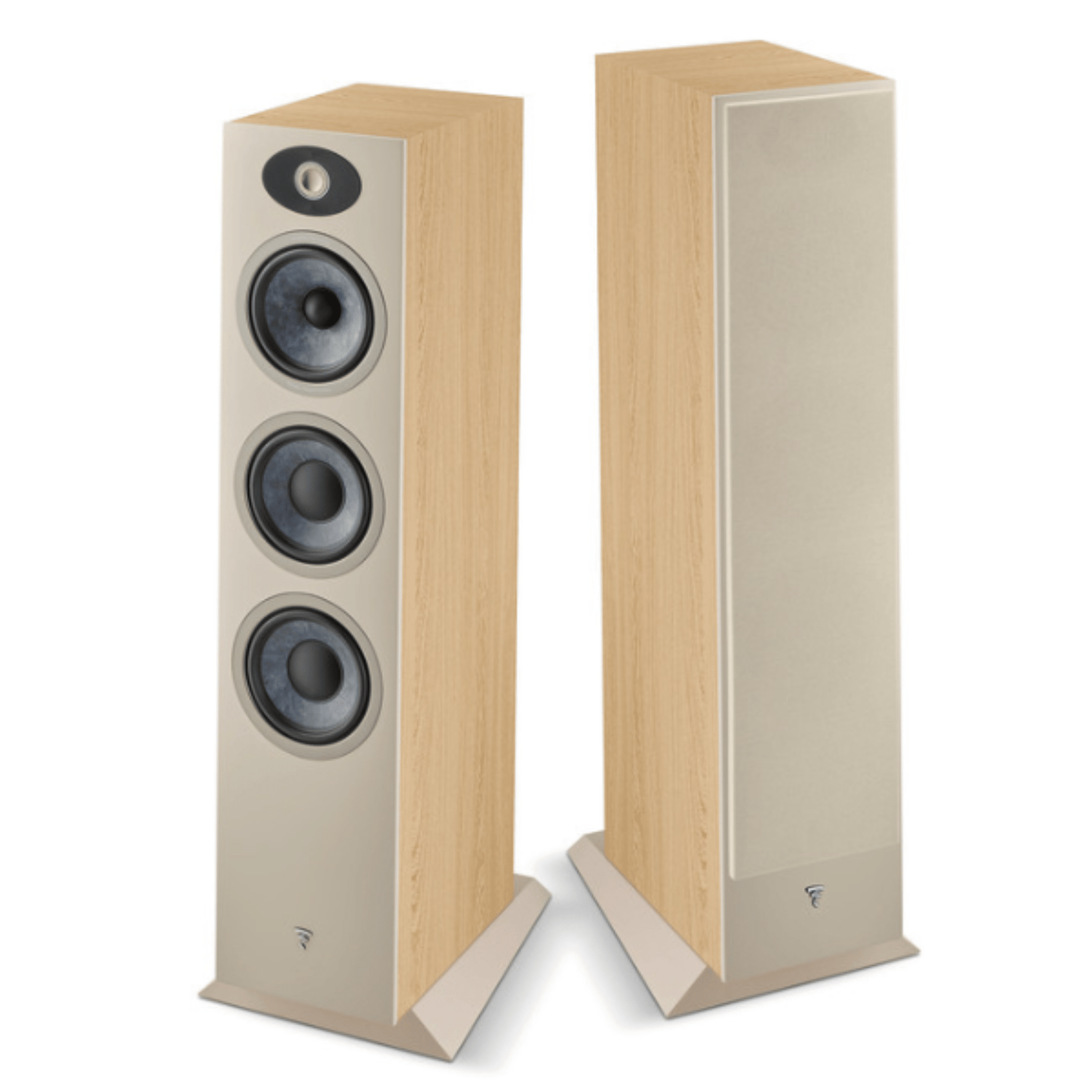 a pair of focal theva n3 tower speakers in light wood