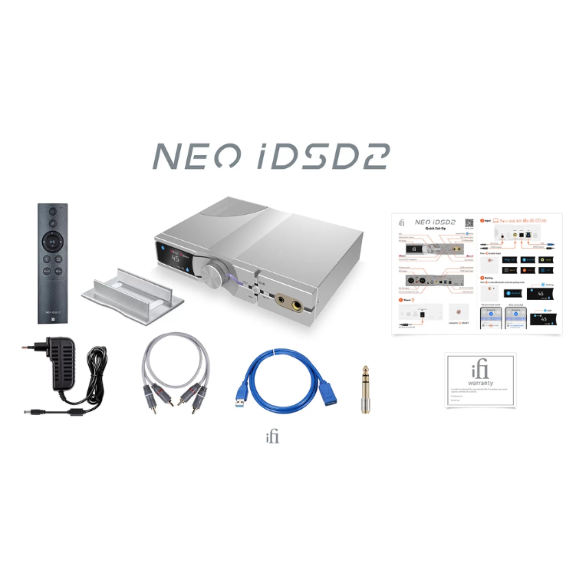 Audio equipment set with 'NEO iDSD2' on a white background
