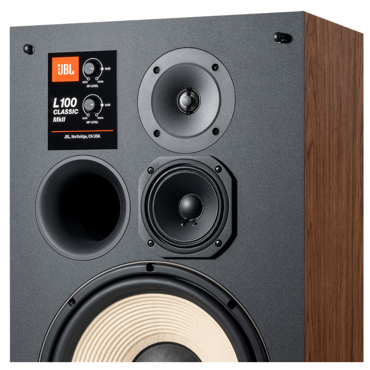JBL L100 Classic MkII speaker close-up showing tweeter, midrange driver, bass reflex port and adjustable HF and MF level controls