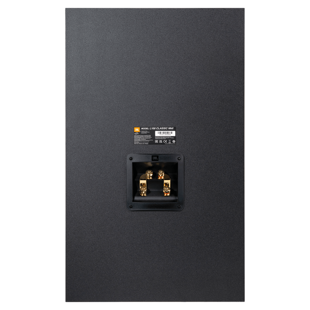 JBL L100 Classic MkII loudspeaker rear panel featuring dual gold-plated binding posts for bi-wiring or bi-amping
