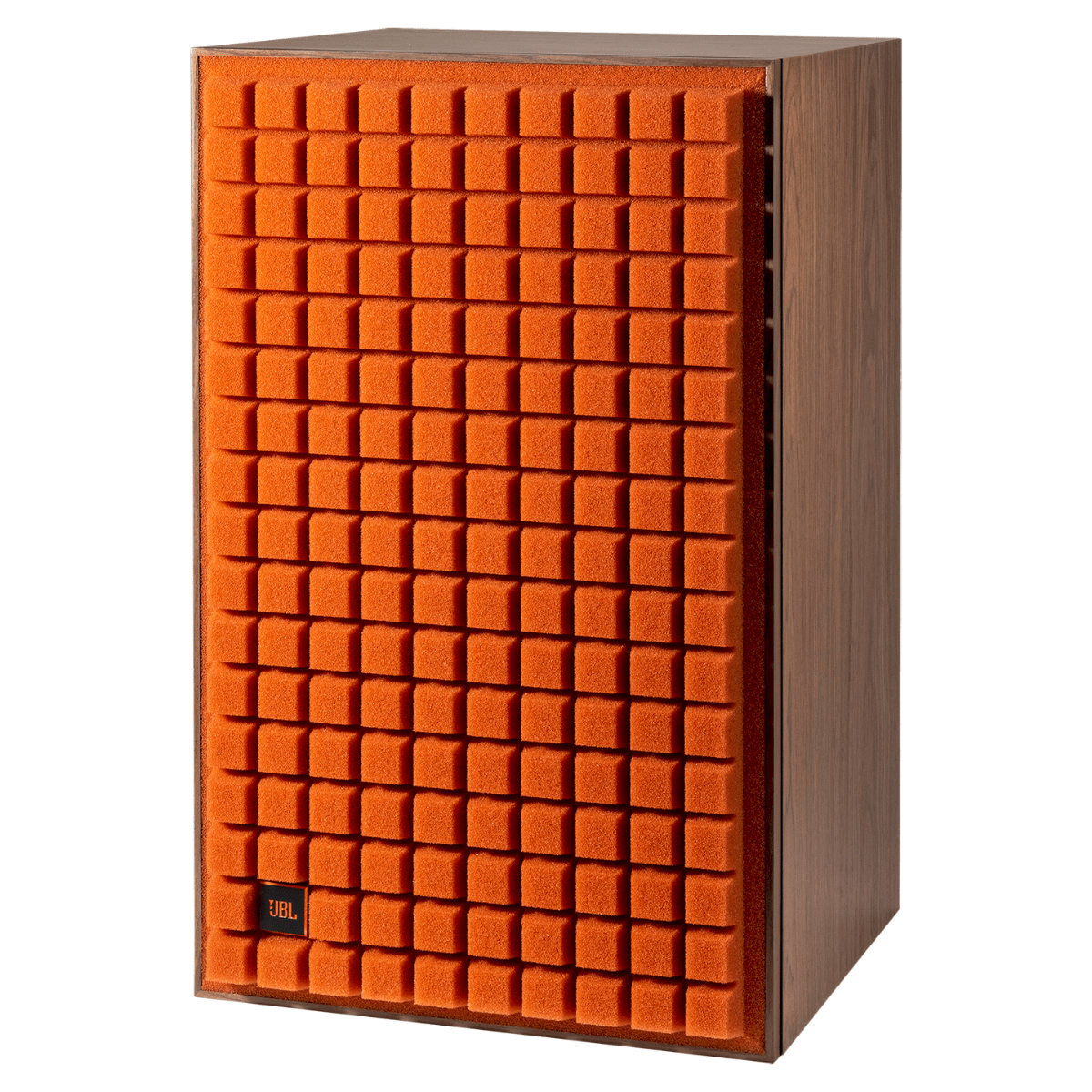 JBL L100 Classic MkII bookshelf speaker in walnut finish with iconic orange Quadrex foam grille and vintage JBL styling