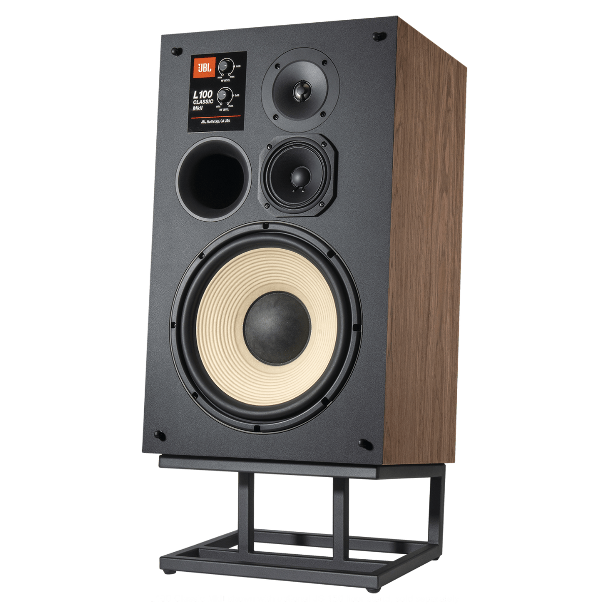 JBL L100 Classic MkII walnut speaker with exposed 12-inch white cone woofer, midrange driver and tweeter on optional JS-150 floor stand