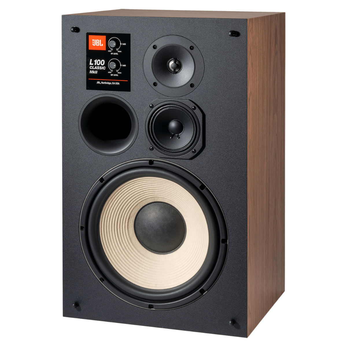 JBL L100 Classic MkII 3-way bookshelf speaker featuring 12-inch white cone woofer, midrange driver, tweeter and walnut cabinet