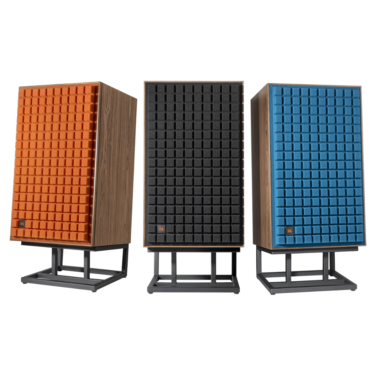 JBL L100 Classic MkII speakers with orange, black and blue Quadrex foam grilles, walnut cabinets and optional black metal floor stands