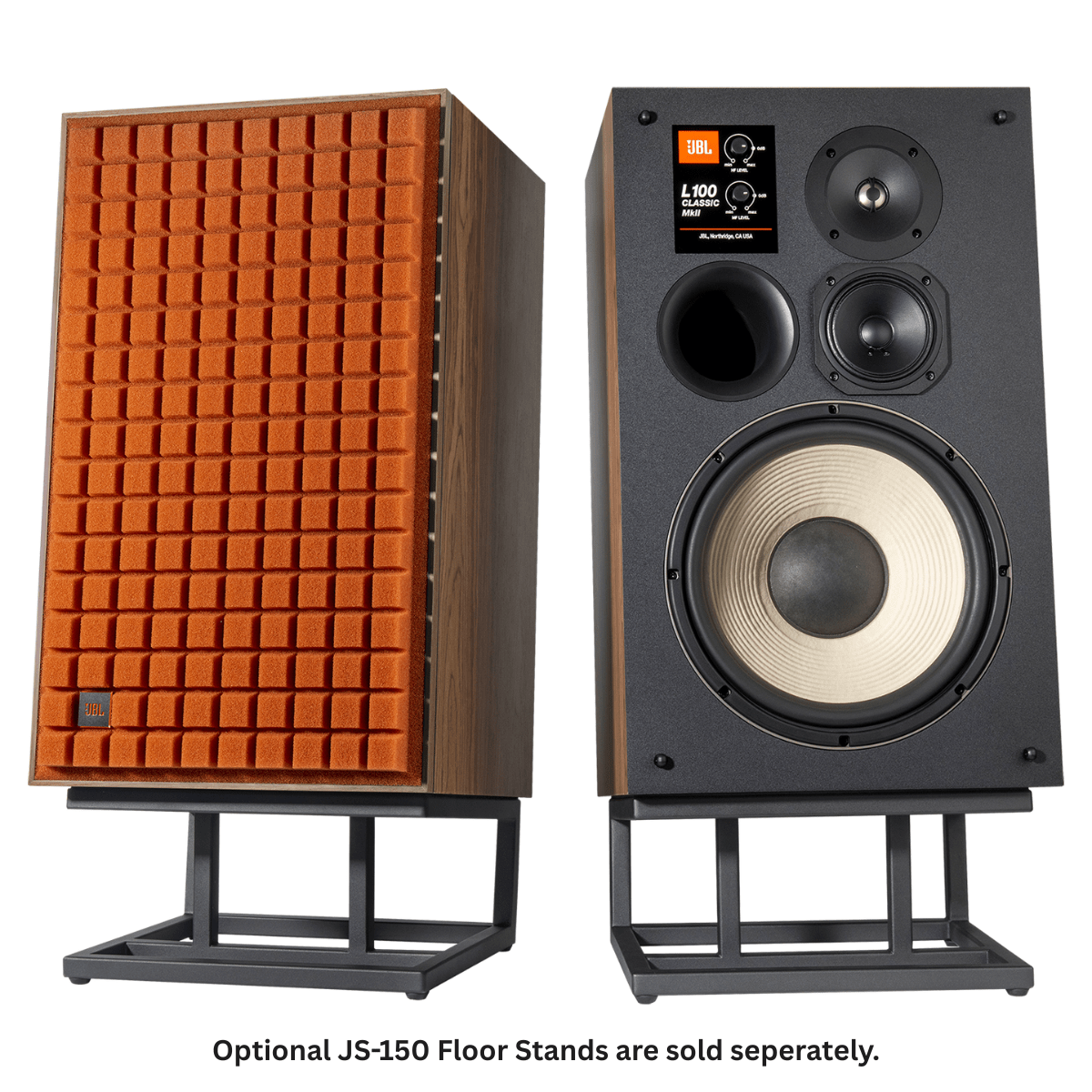 JBL L100 Classic MkII speakers with walnut cabinets, one with orange Quadrex grille and one with exposed drivers, on optional JS-150 stands