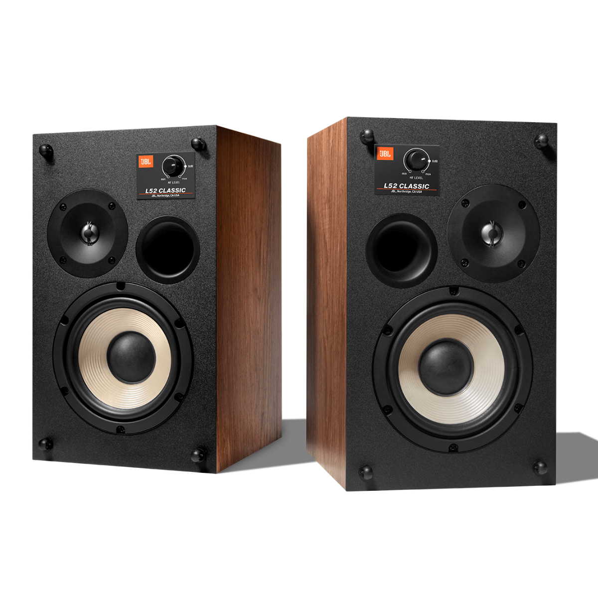 JBL L52 Classic stereo bookshelf speaker pair with walnut cabinets, exposed white cone woofers, tweeters and front-firing bass reflex ports