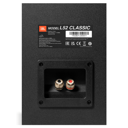 JBL L52 Classic bookshelf speaker rear panel showing gold-plated speaker binding posts, model label and connection terminals