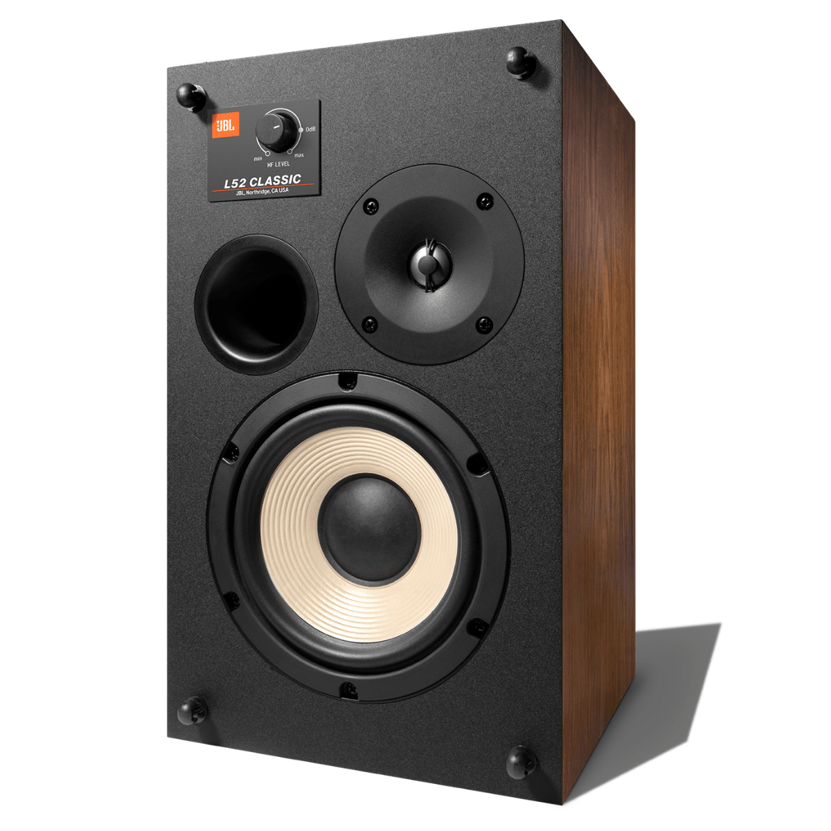 JBL L52 Classic 2-way bookshelf speaker in walnut finish featuring 5.25-inch white cone woofer, tweeter and front bass reflex port