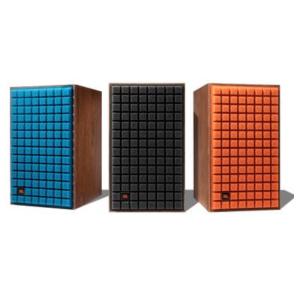 JBL L52 Classic bookshelf speakers with blue, black and orange Quadrex foam grilles, walnut cabinets and vintage-inspired design