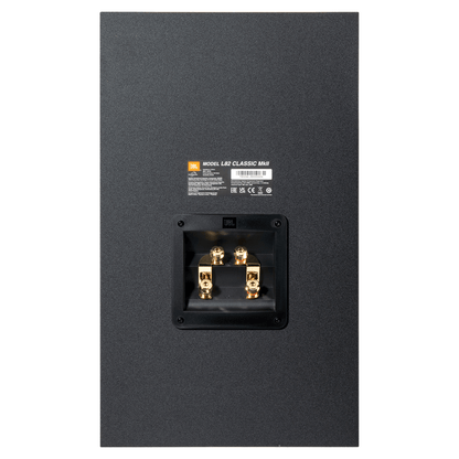 JBL L82 Classic MkII bookshelf speaker rear panel showing dual gold-plated binding posts for bi-wiring or bi-amping