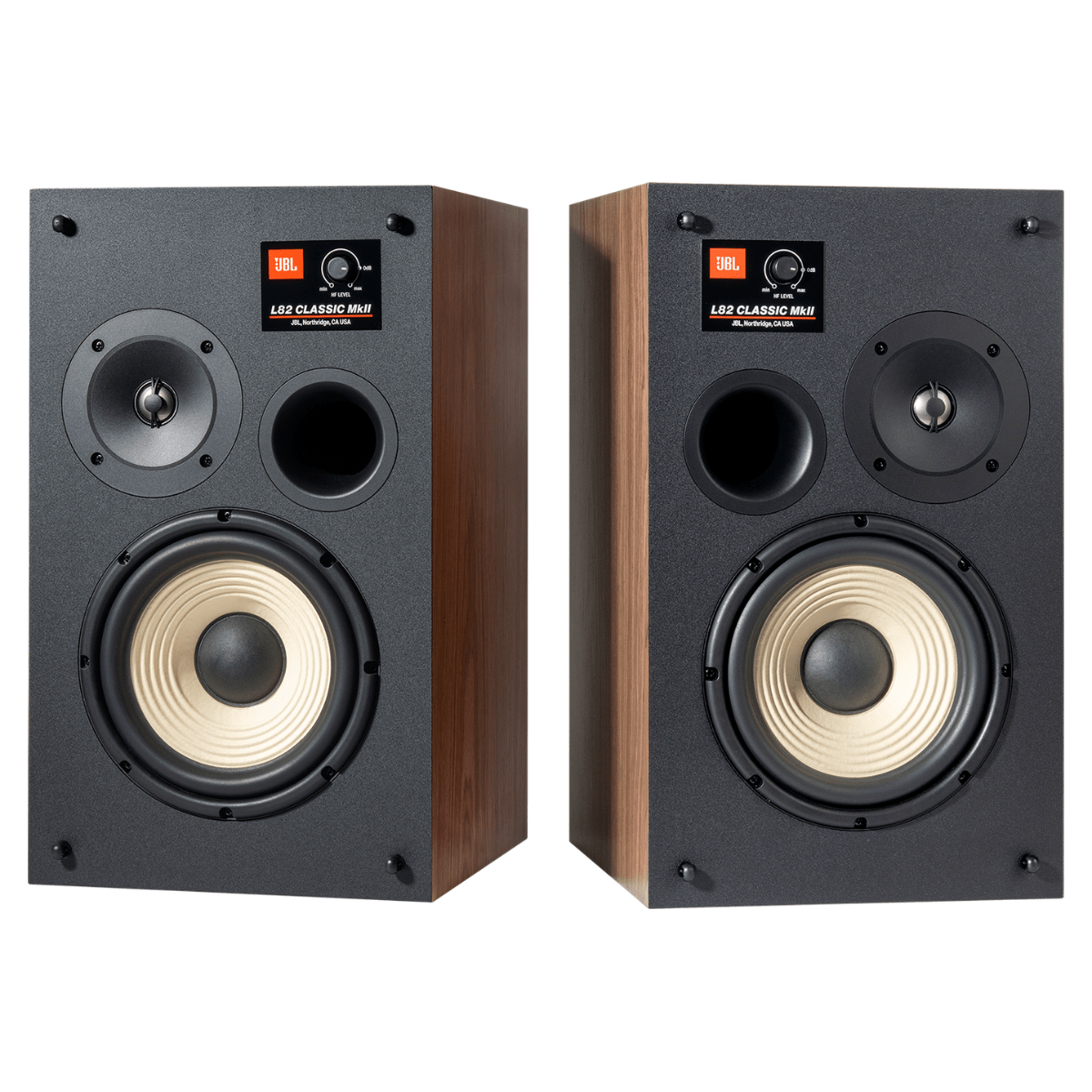 JBL L82 Classic MkII stereo bookshelf speaker pair with walnut cabinets, exposed white cone woofers and black front baffles