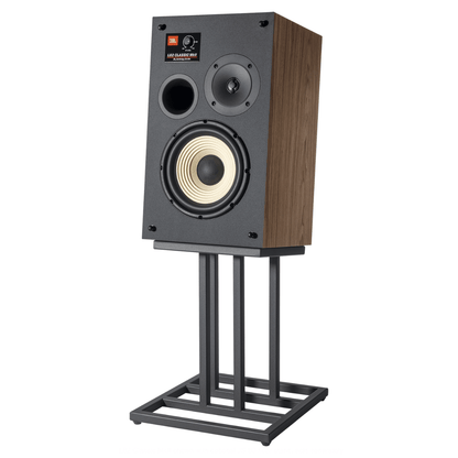 JBL L82 Classic MkII walnut bookshelf speaker with exposed white cone woofer, tweeter and bass reflex port on black metal stand