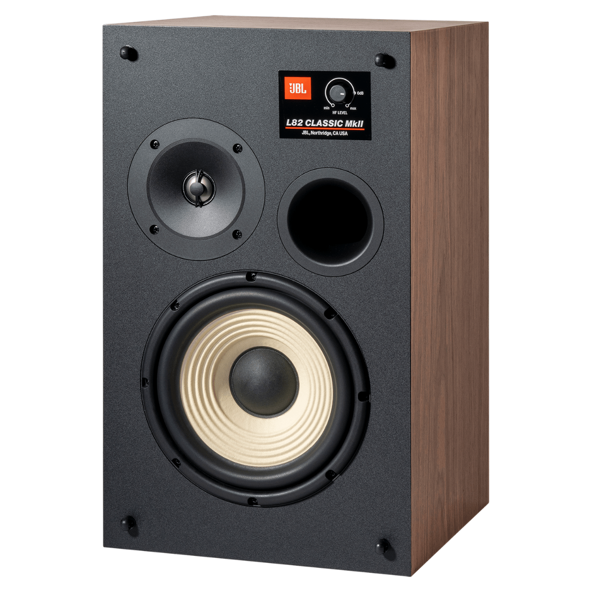 JBL L82 Classic MkII bookshelf speaker in walnut finish featuring 8-inch white cone woofer, tweeter and front-firing bass reflex port