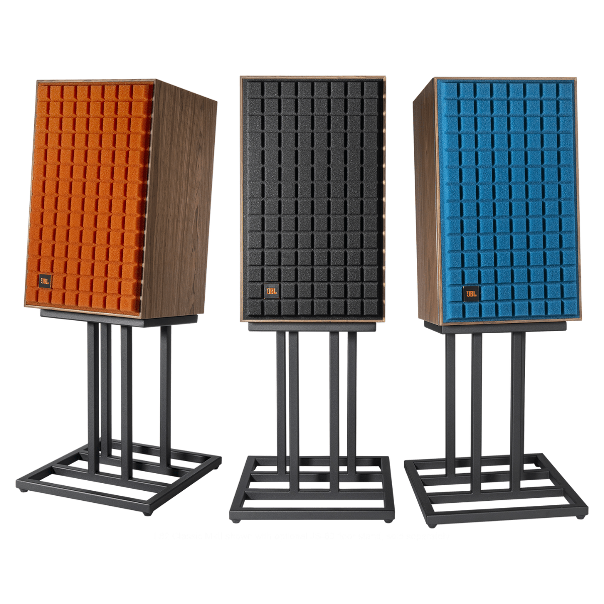 JBL L82 Classic MkII speakers with orange, black and blue Quadrex foam grilles, walnut cabinets and matching speaker stands
