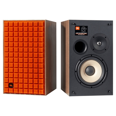 JBL L82 Classic MkII bookshelf speakers in walnut finish showing orange Quadrex foam grille and exposed drivers side by side
