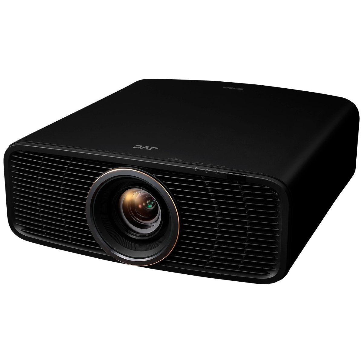 angled front view of jvc dla rs1200 projector in black