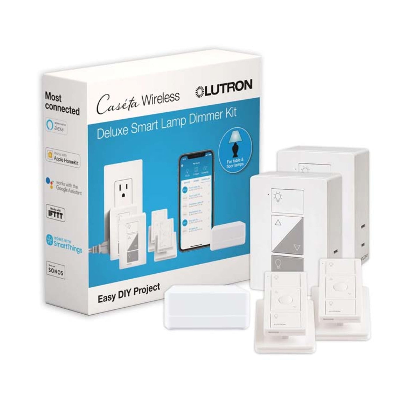 Lutron Caseta Wireless Deluxe Smart Lamp Dimmer Kit packaging with dimmer switches on a white background