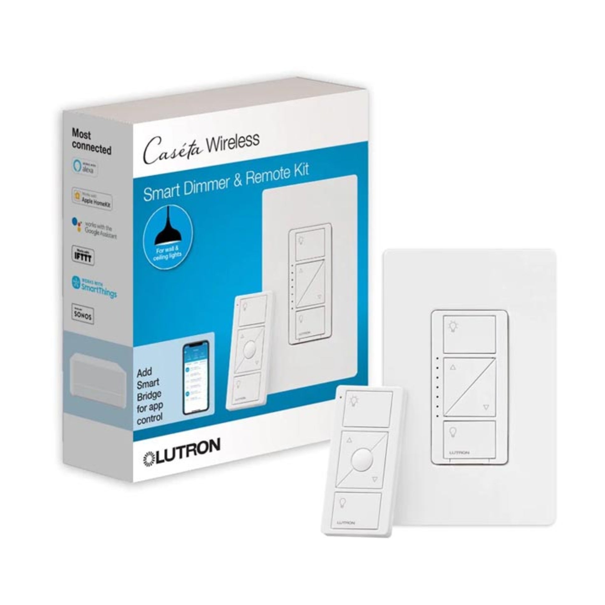 Lutron Caseta Wireless smart dimmer and remote kit packaging on a white background