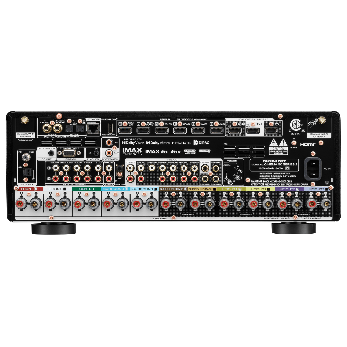 Marantz Cinema 50 Series 2 AV receiver rear panel showing HDMI inputs and outputs, speaker terminals, pre-outs, digital and analog audio connections, and network ports