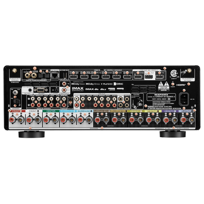 Marantz Cinema 50 Series 2 AV receiver rear panel showing HDMI inputs and outputs, speaker terminals, pre-outs, digital and analog audio connections, and network ports