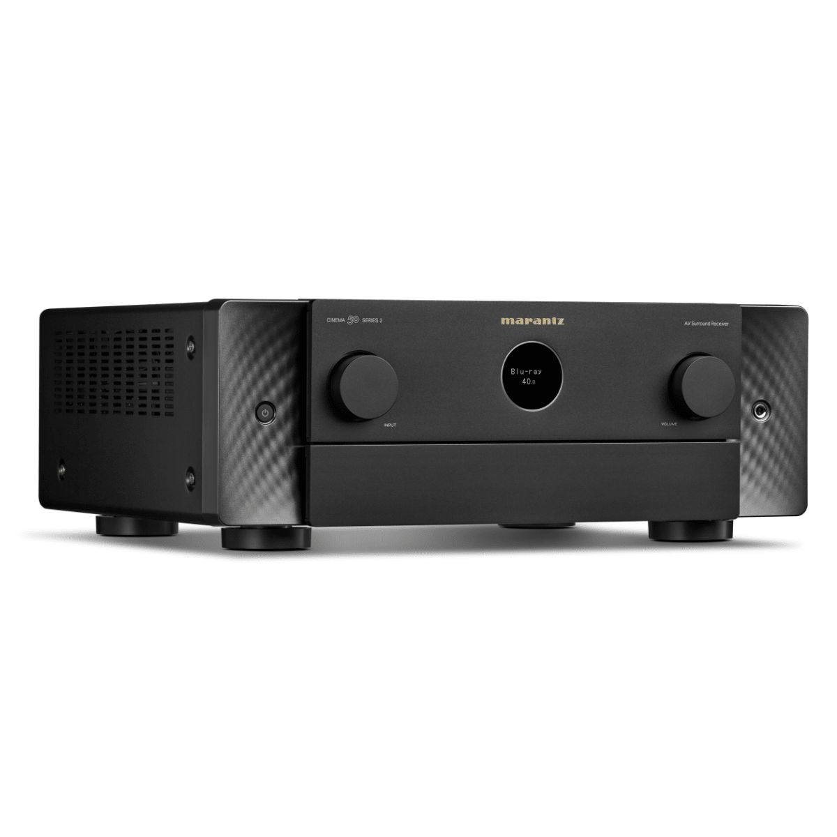 Marantz Cinema 50 Series 2 AV surround receiver in black, angled view showing input and volume knobs and front display