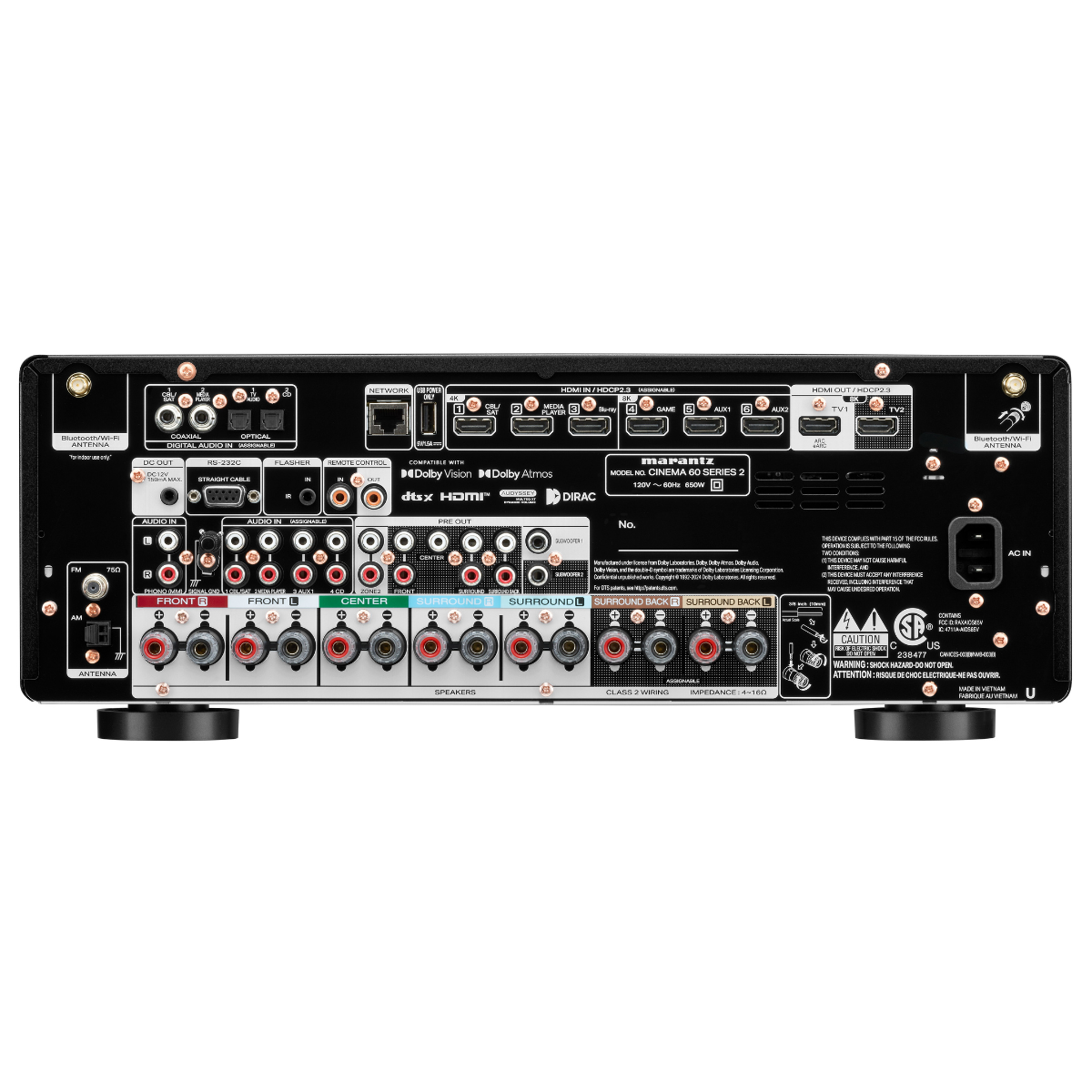 Marantz Cinema 60 Series 2 AV receiver rear panel showing HDMI, pre-outs and speaker connections